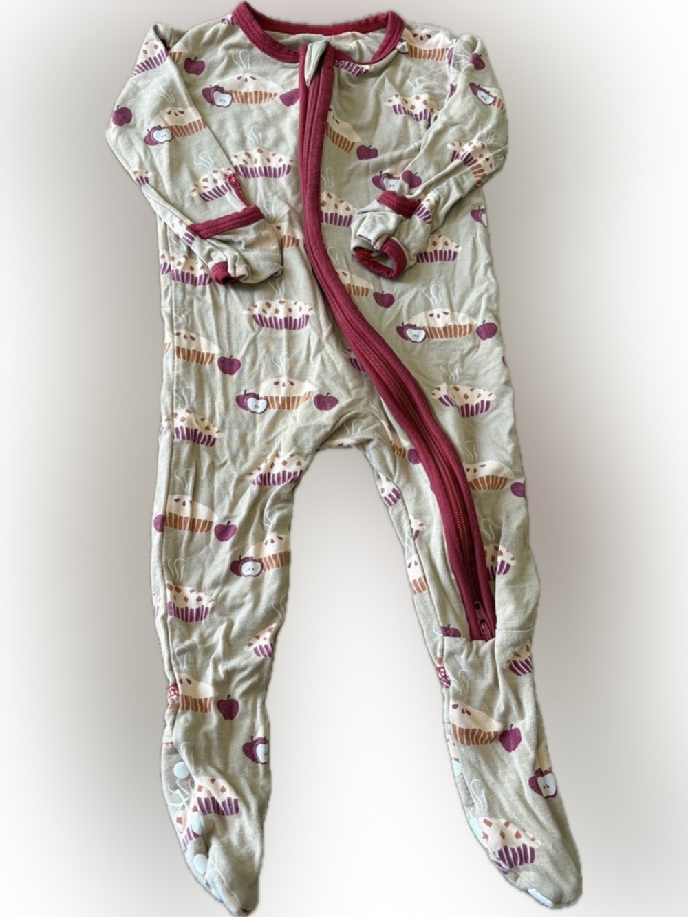 KicKee Pants Tan Apple Pie-Print Footed One-Piece Pajamas with Red Trim